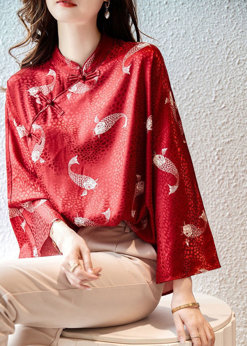 Beautiful Red Stand Collar print Silk Blouse Tops flare sleeve CK230- Fabulory