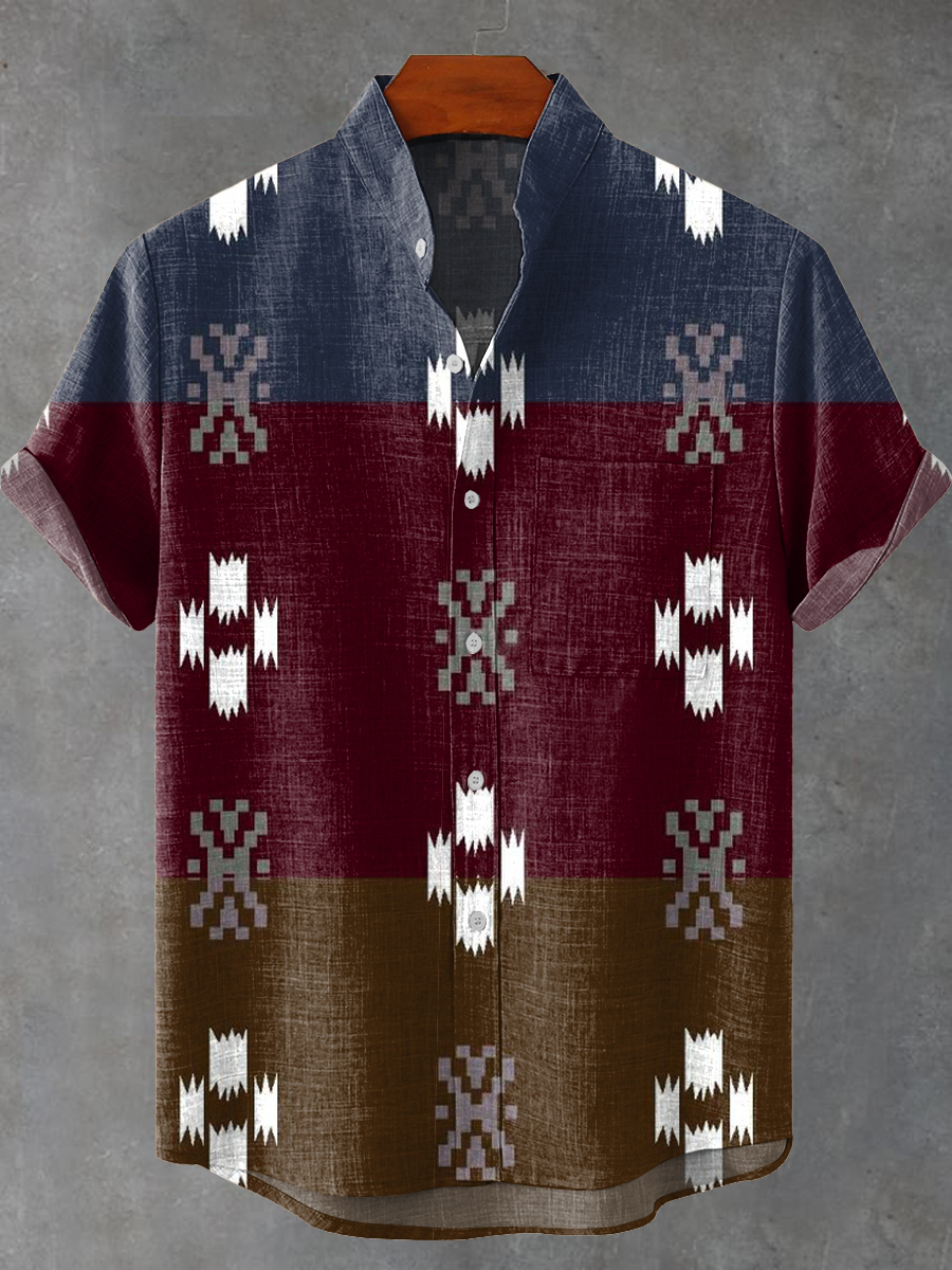 Vintage Abstract Diamond Geometric Stripes Art Print Casual 100% Cotton Shirt