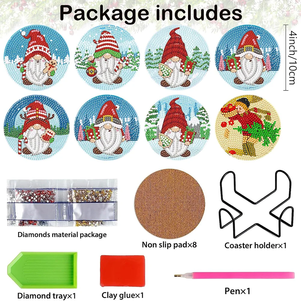 8pcs DIY Christmas Gnome Diamond Painting Art Coaster Kit Acrylic Round Diamond Painting DIY Coaster