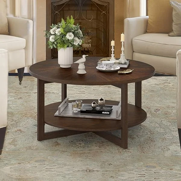 Round Coffee Table, 35" Rustic Modern Circle Coffee Tables with 2-Tier Storage Shelf, Wood Coffee Table for Living Room, Dark Walnut