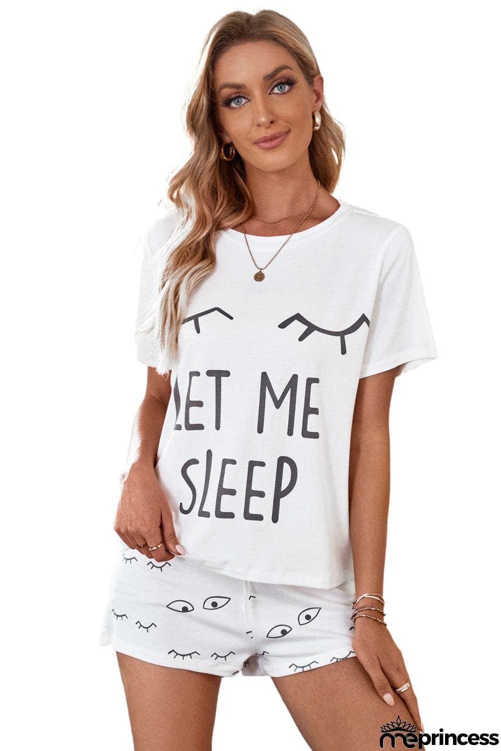 White Eyelash Slogan Tee and Drawstring Shorts Lounge Set