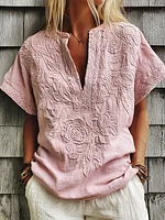 Women's Rose Floral Embroidery Art V Neck Comfy Shirt