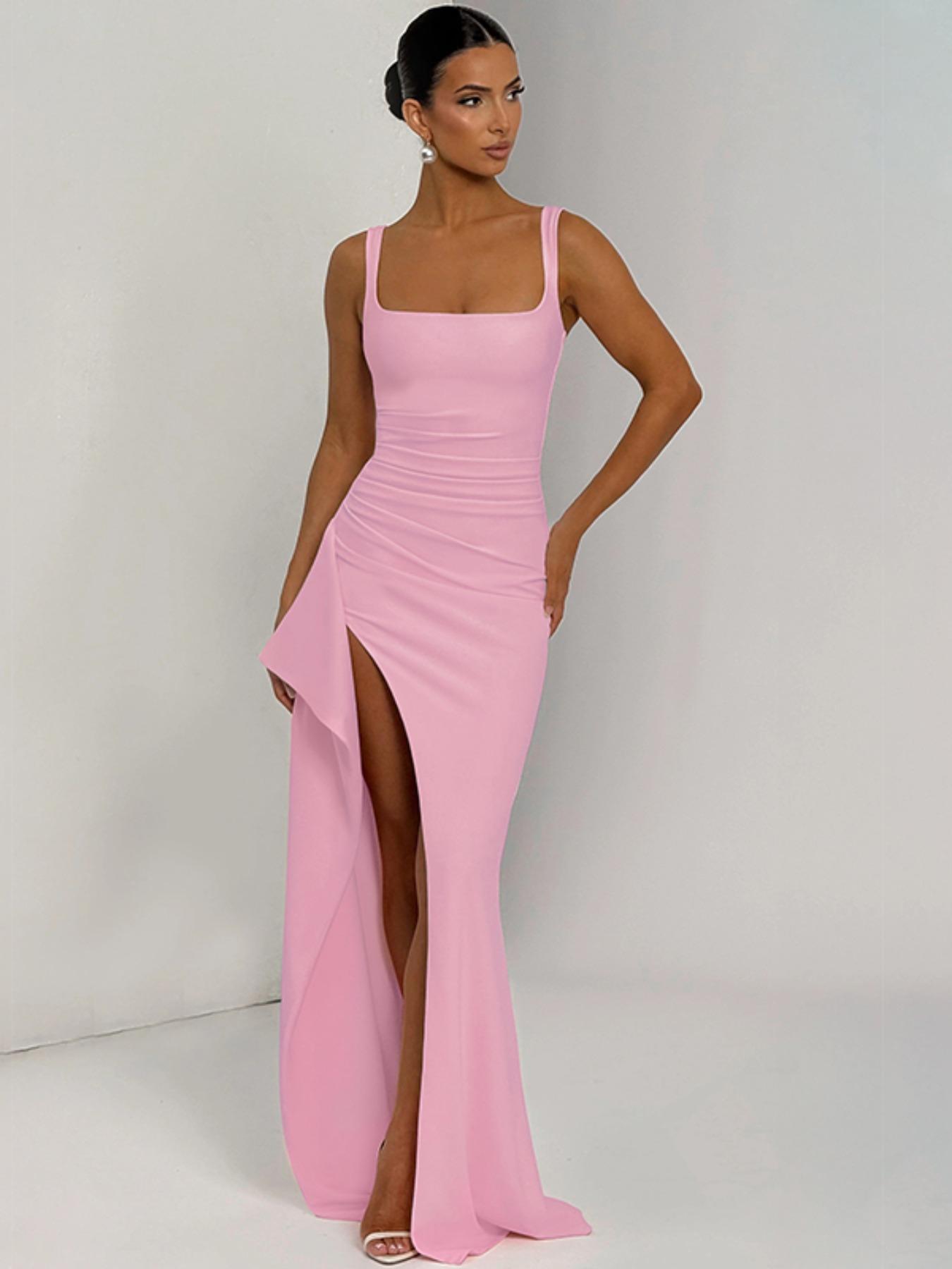 Women's Plain Split Thigh Backless Dress, Elegant Sexy Sleeveless Dress for Party Club Dating Wear, Ladies Clothes for All Seasons, Floor Length Slip Dress