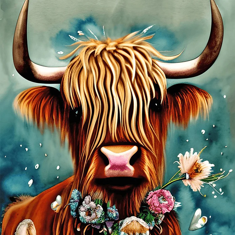 Scottish Highland Cow Shell Cartoon With Flowers 30*30CM(Canvas) Full Round Drill Diamond Painting gbfke