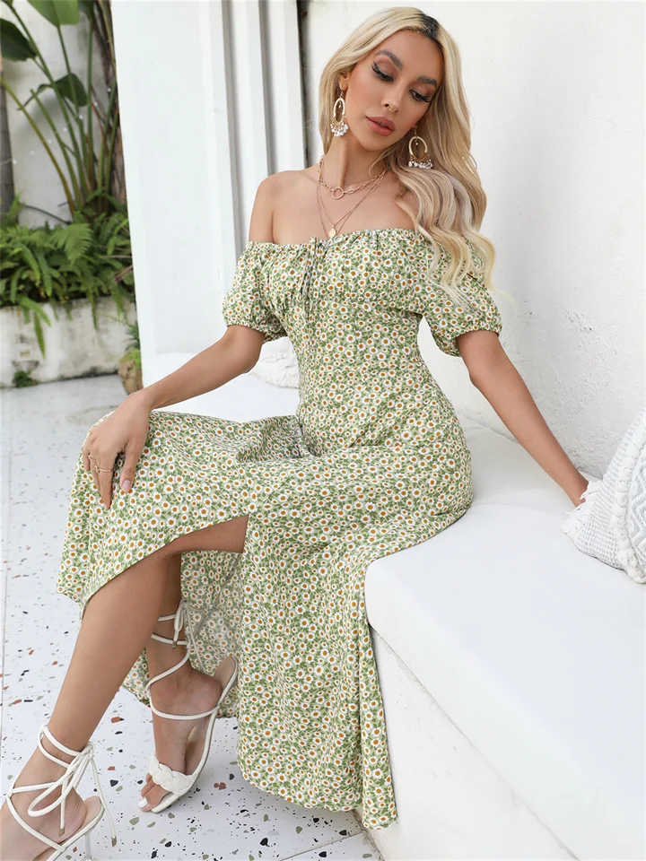 Summer new women's temperament elegant U-neck straps printed open thigh A-line short-sleeved medium-length dress | 168DEAL