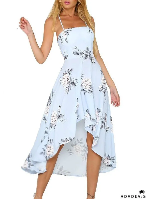 Women's Design Strapless Flowered Blue Halter Dress