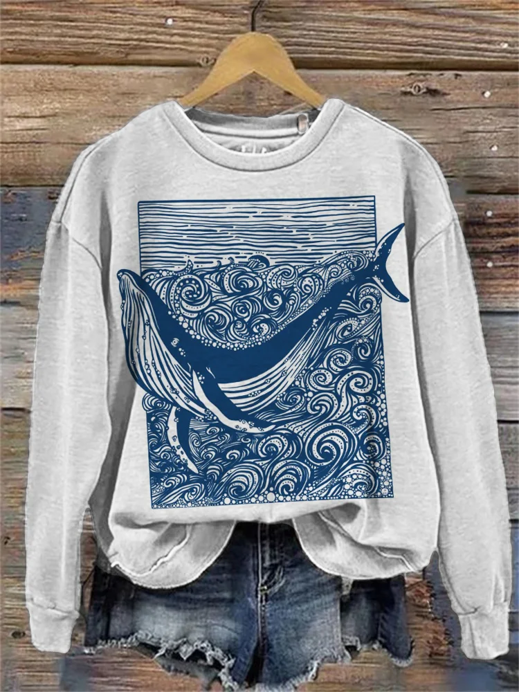 Whale & Waves Japanese Frame Art Cozy Sweatshirt