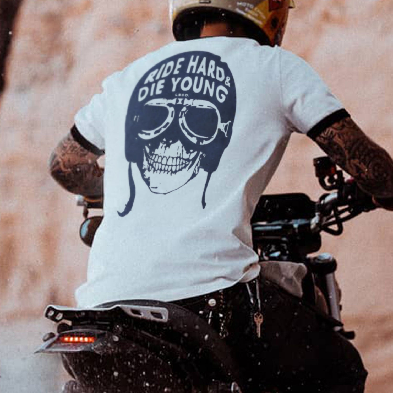 MOTOSUNNY Modern RIDE HARD & DIE YOUNG White Print Tshirt