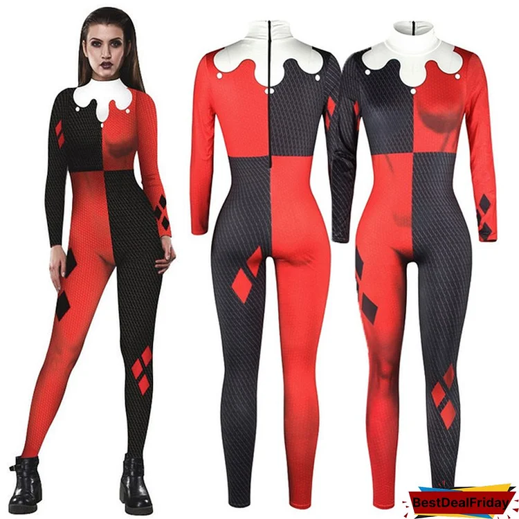 Womens Harley Quinn Spandex Jumpsuit Red Black Suicide Squad Woman Costume Cosplay