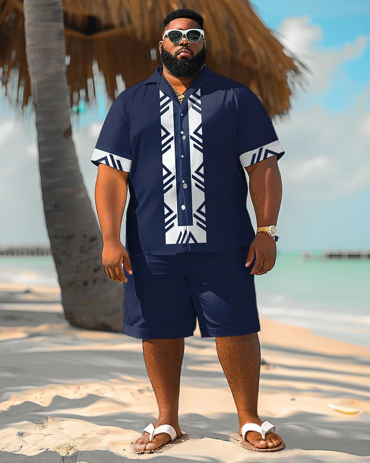 Men's Plus Size Hawaiian Cuff Patchwork Print Shirt Shorts Suit