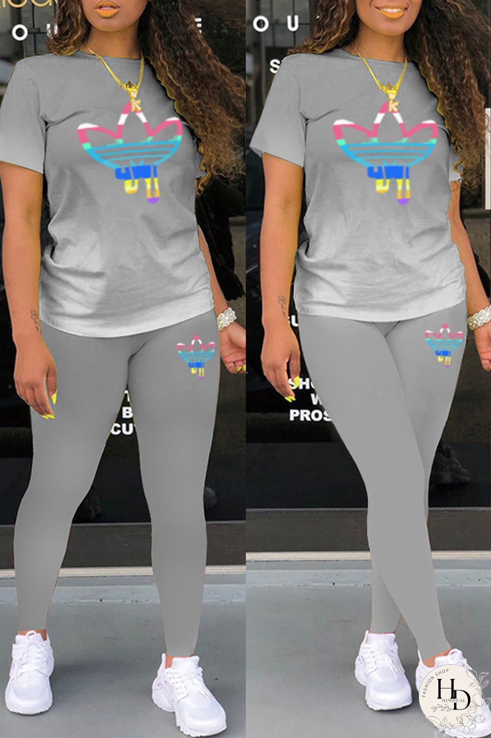 Black Casual Gradual Change Print Basic O Neck Short Sleeve Two Pieces