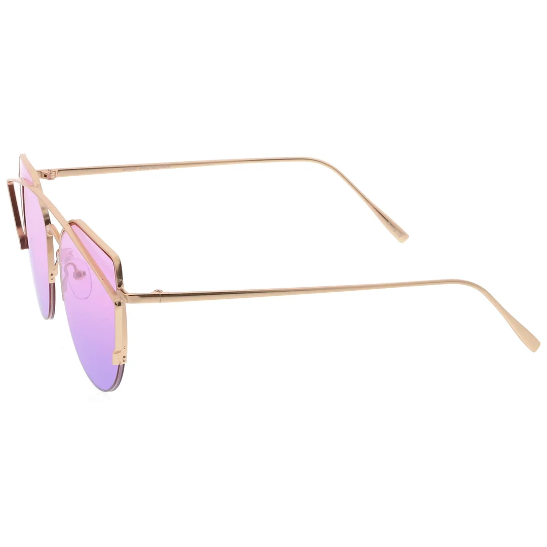 Women's Semi Rimless Metal Brow Bar Round Colored Flat Lens Cat Eye glasses