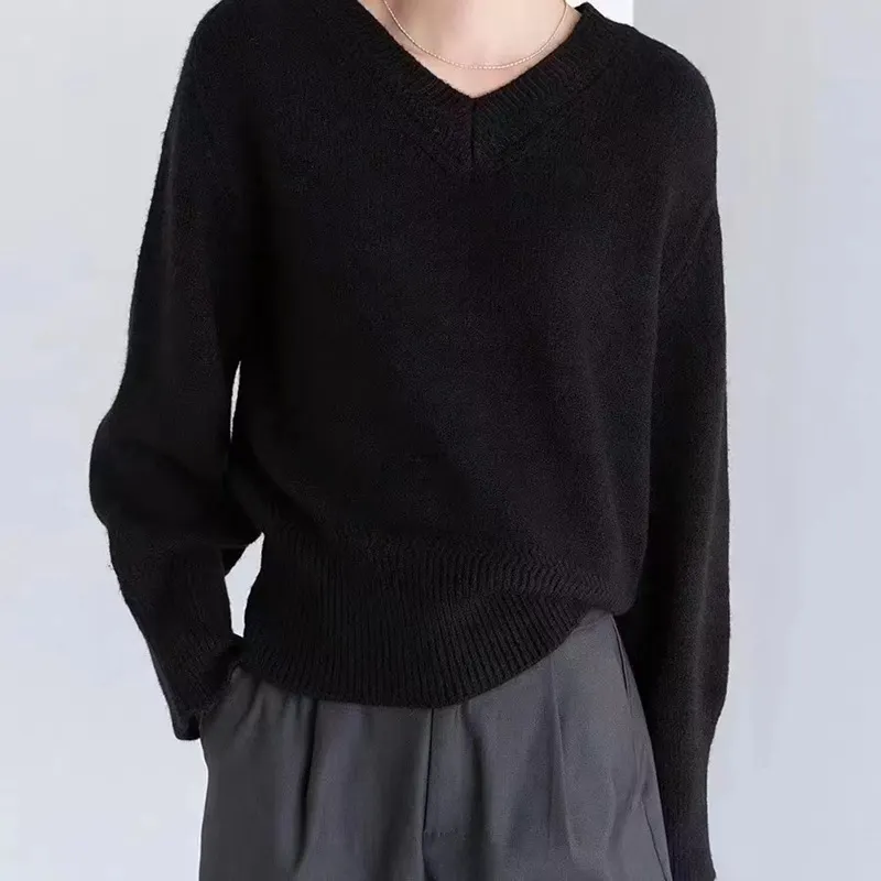 Churchf Churchf Autumn Winter New Style Lazy Wind Restoring Ancient Ways Temperament V Collar Design Sense Sweater Simple And Versatile Pure Color Sweater Female