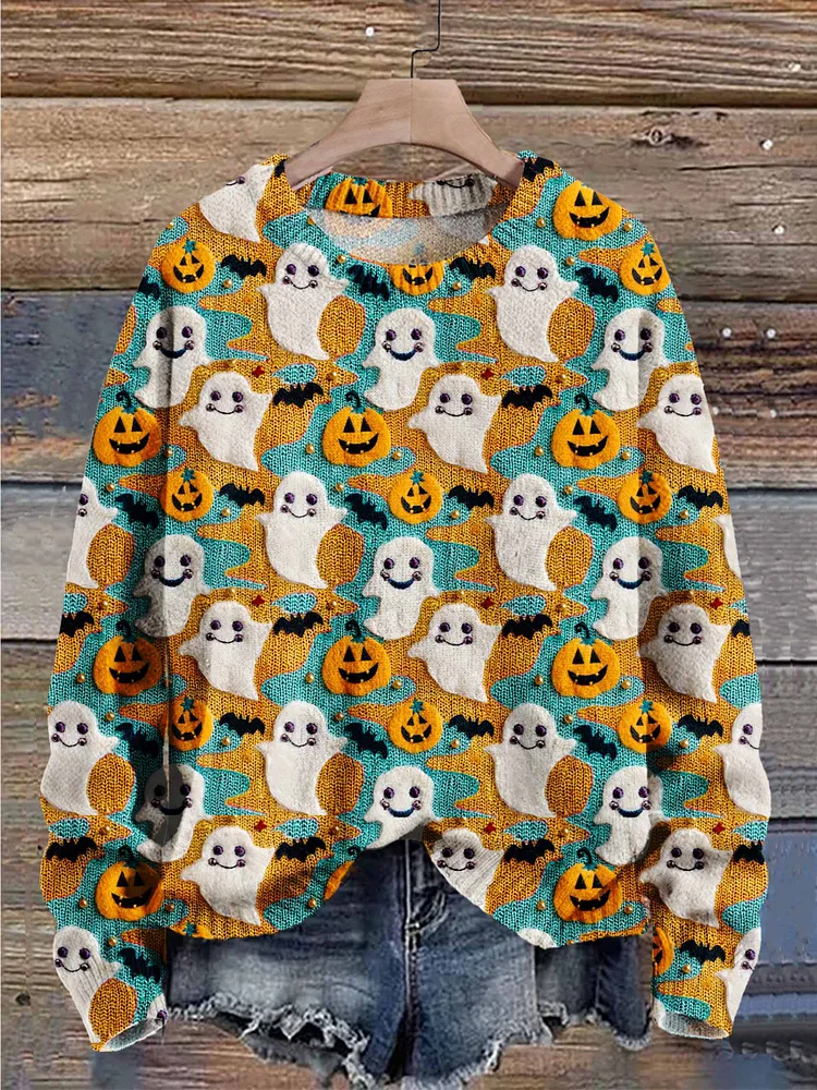 Ghost Pumpkin Autumn Season Halloween Art Print Knit Pullover Sweater
