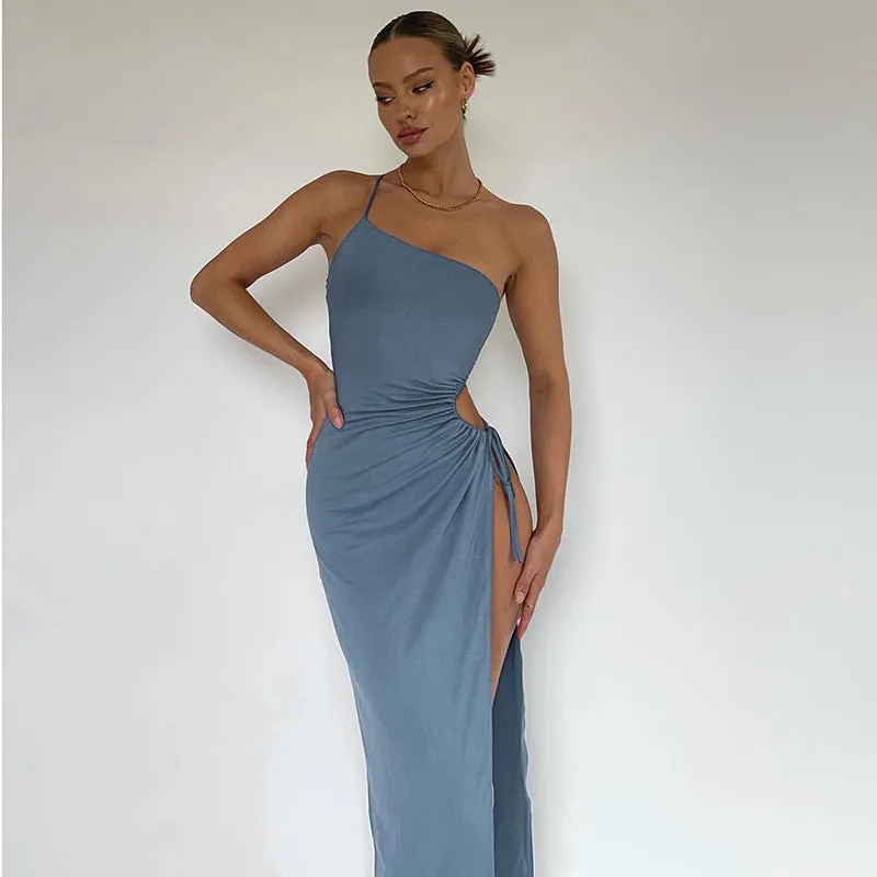 Sexy Off Shoulder Side High Split Maxi Dress Women Drawstring Sleeveless Solid Evening Party Club Elegant Slim Summer Sundress