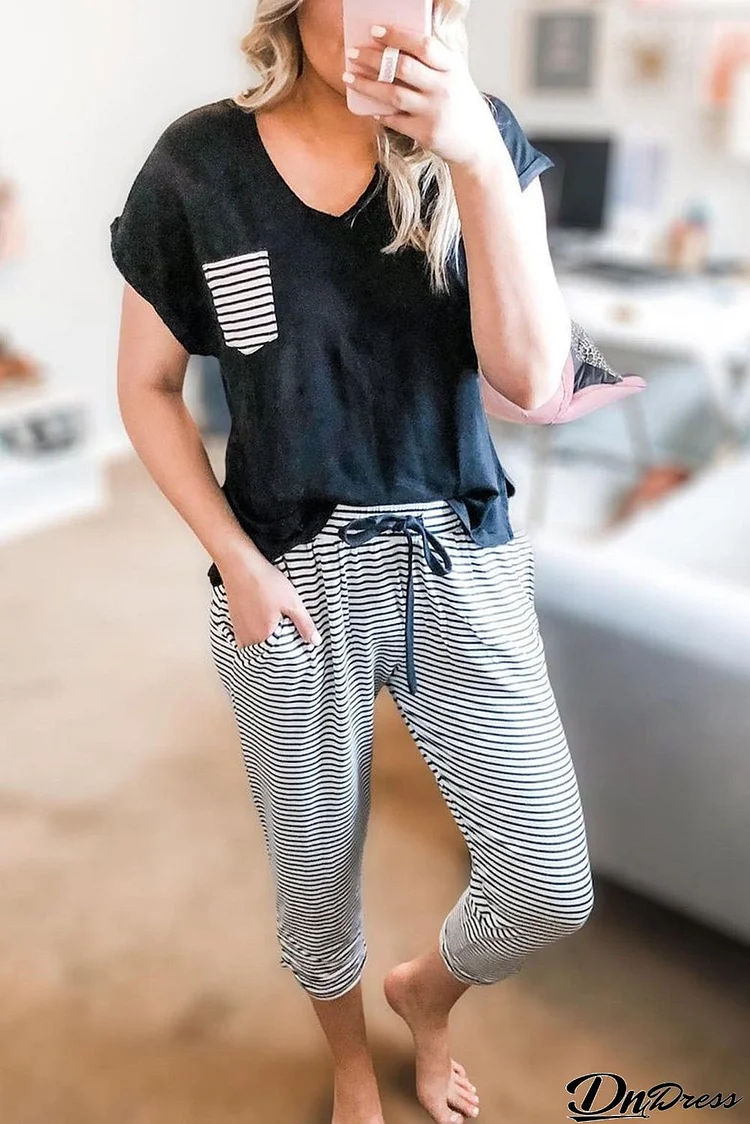 Striped Pocket Tee and Pants Lounge Set