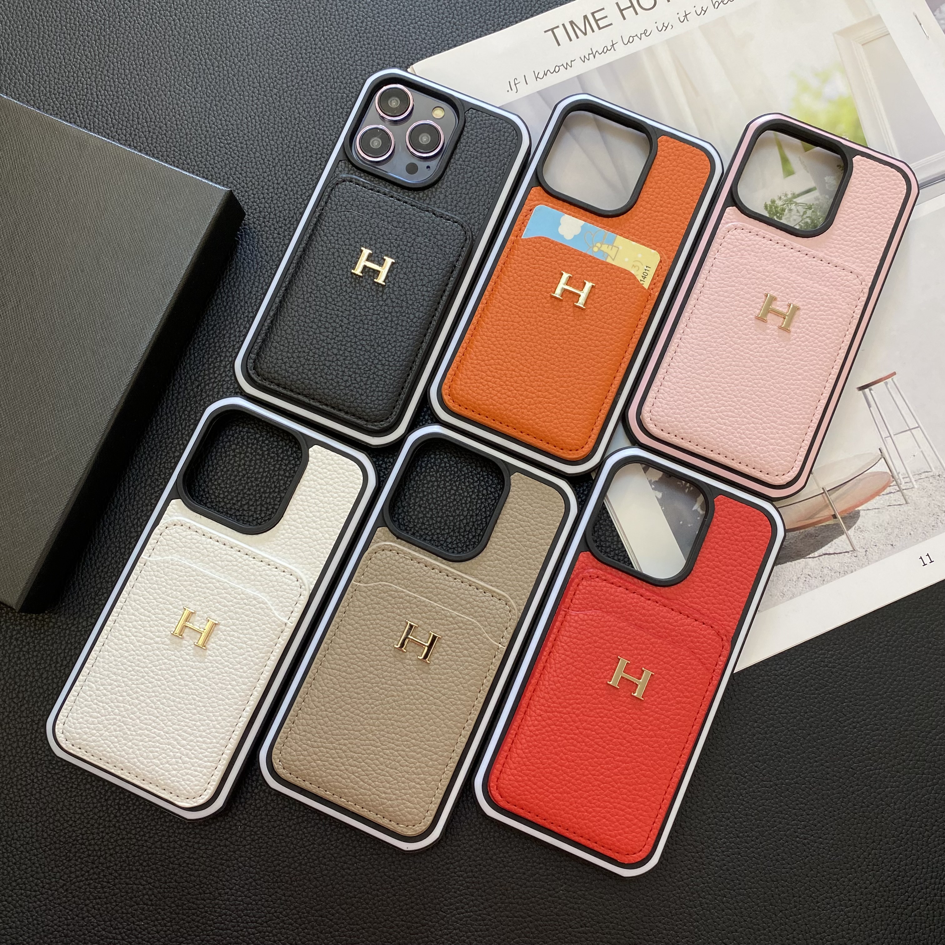 Hermes Genuine Leather Lychee Pattern Back Card Slot Apple iPhone Case