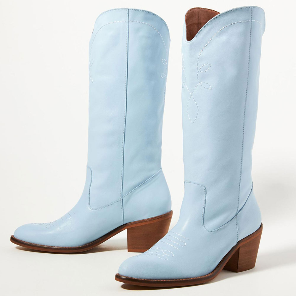 Round Toe Chunky Heel Stitching Mid-Calf Cowgirl Boots in Blue Nicepairs