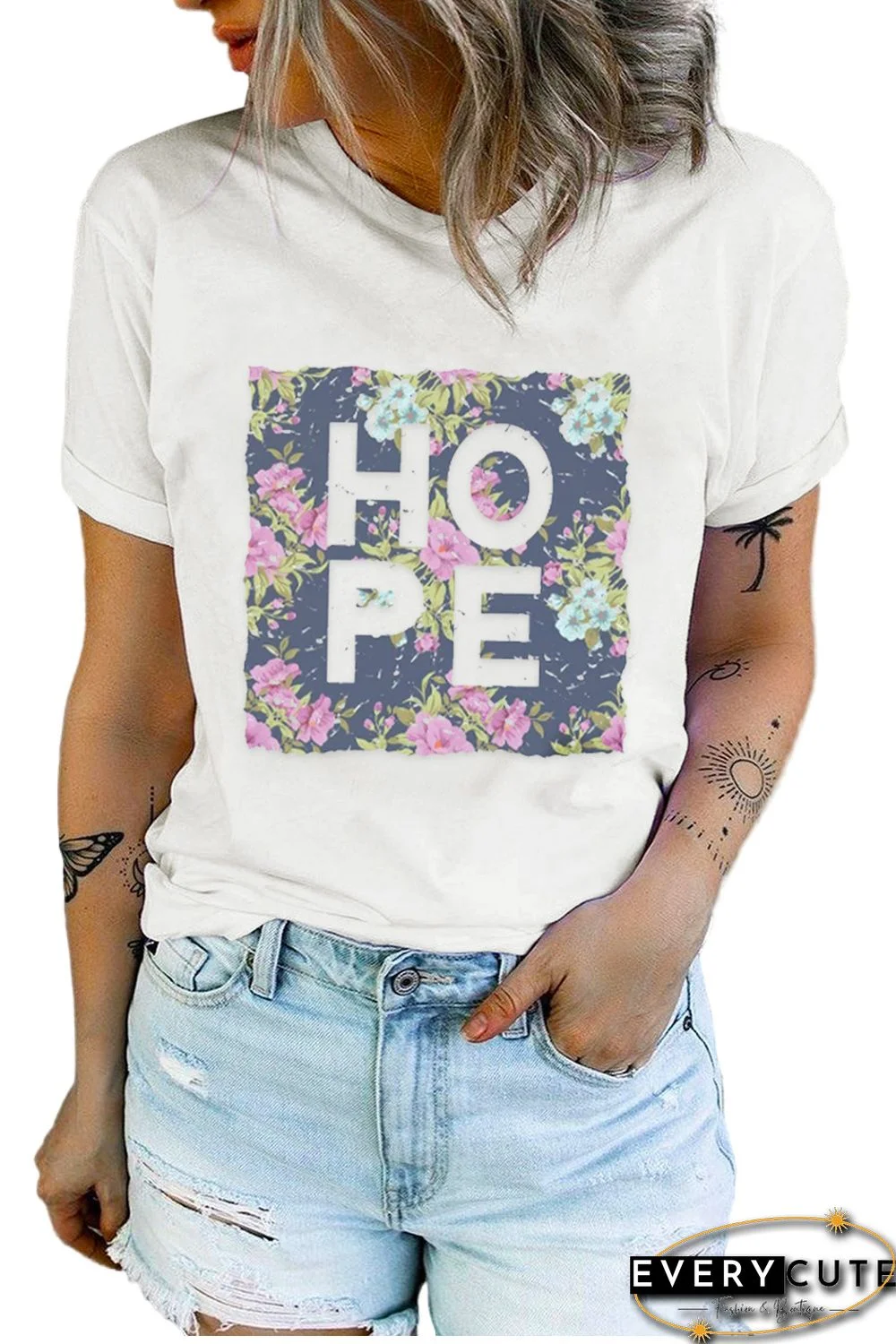 White HOPE Floral Print Short Sleeve T Shirt