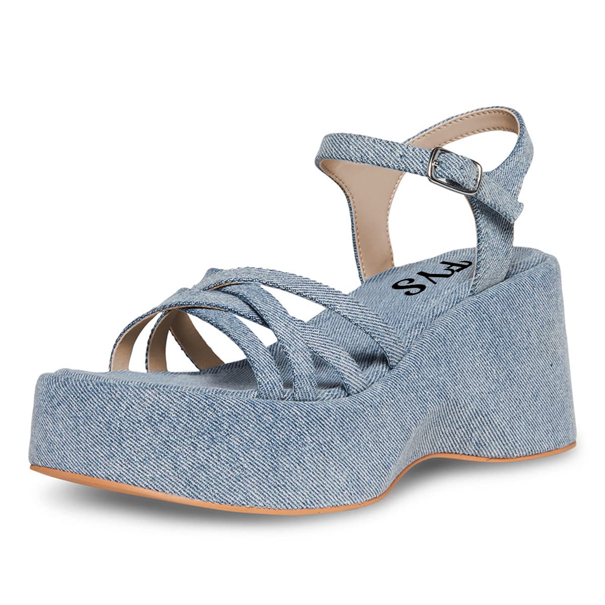 Blue Denim Criss-Cross Strappy Platform Wedge Heel Women's Sandals Nicepairs