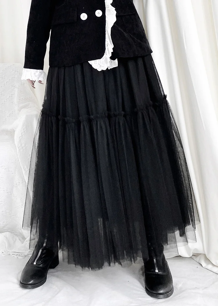 Modern Black Layered Design Ruffled Patchwork Tulle A Line Skirts Fall