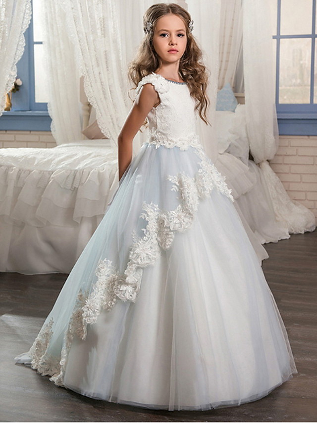 Dresseswow Sleeveless Jewel Neck Ball Gown Floor Length Flower Girl Dress With Lace Appliques