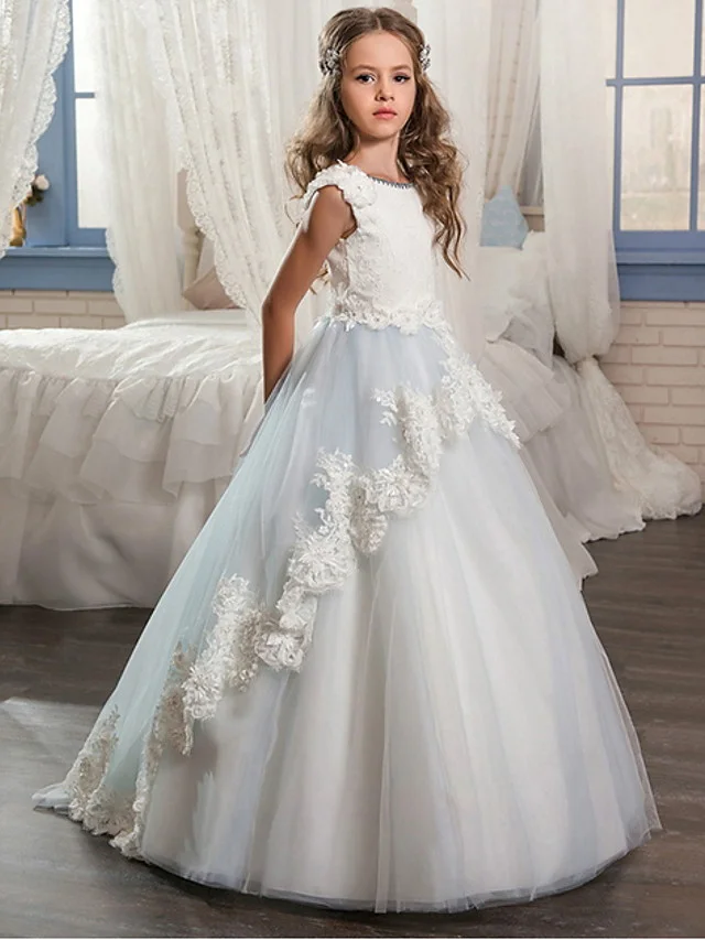 Bellasprom Sleeveless Jewel Neck Ball Gown Floor Length Flower Girl Dress With Lace Appliques