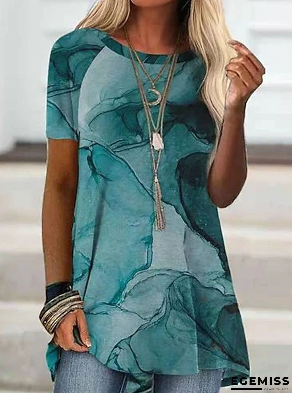 Crew Neck Vintage Print Short Sleeve T-shirt | EGEMISS