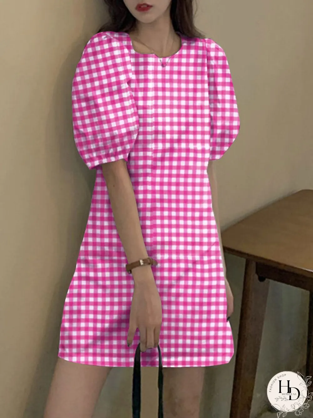 Check Print Puff Sleeve Keyhole Back Crew Neck Dress