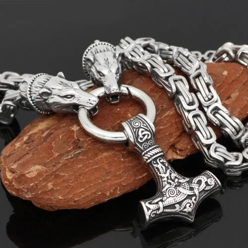 Coutureaura Wolf & Thor Hammer Mjolnir Pendant Necklace