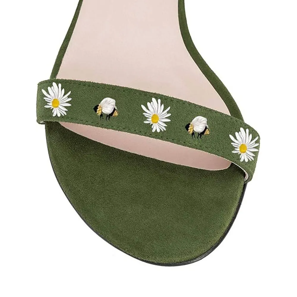 Green Open Round Toe Buckle Ankle Strap Embroidered Heeled Sandals