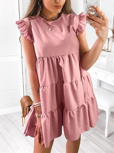 Vintage Frill Sleeve Crew Neck Ruffled Dresses