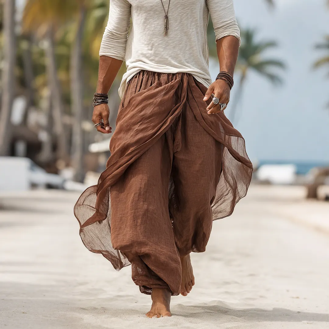 Men's Holiday Casual Loose Comfortable Breathable Linen Pants Elastic Waist Multi-layered Flowy Long Trousers-INSPIREUSE