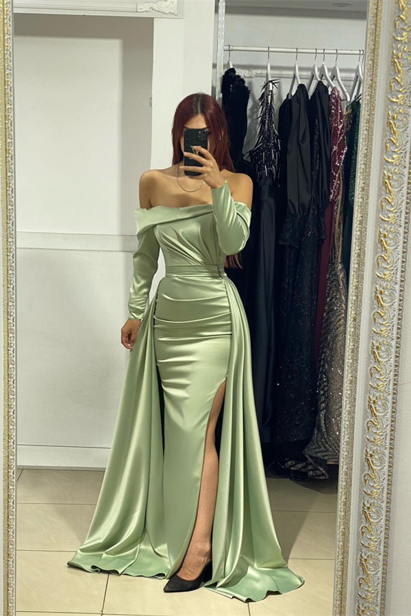Classy Sage Off-the-Shoulder Evening Gown Mermaid Long Sleeves With Slit - lulusllly