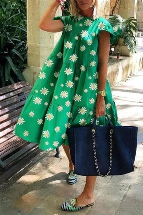 Chrysanthemum Print Loose Green Dress