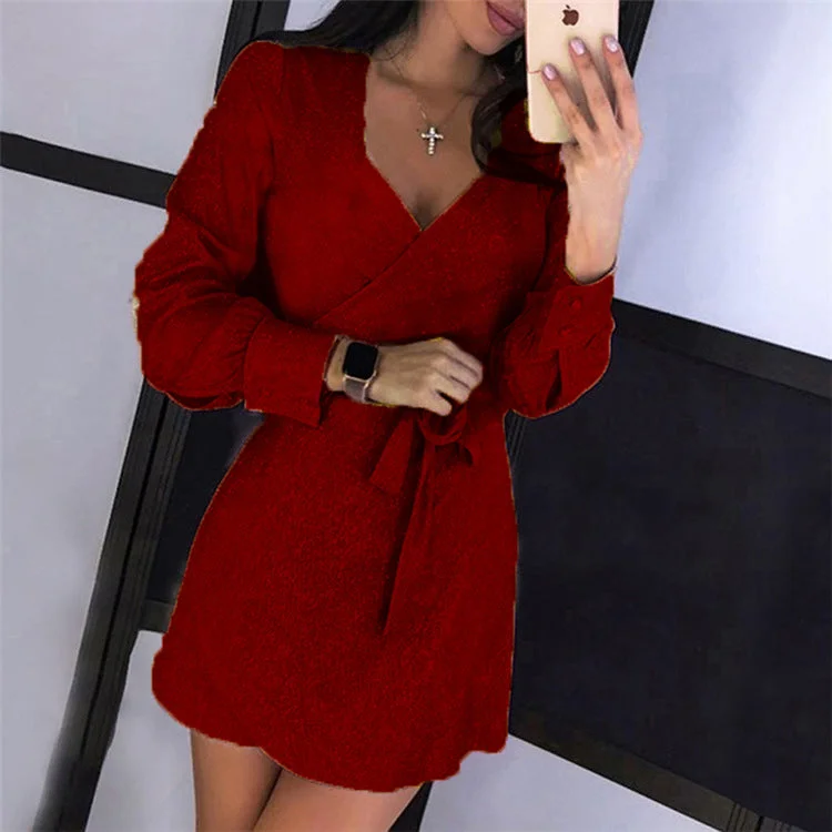 Knee Length Semi Formal Dresses for Wedding Autumn Sexy Slim Fit Tied V-neck