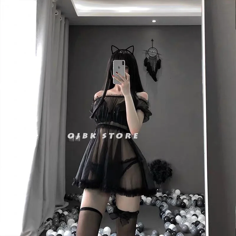 Billionm Women transparent lace lingerie set Black White Lovely Sleep Wear Sexy Cute Princess Nightdress Sleepwear Lolita Erotic Bunny