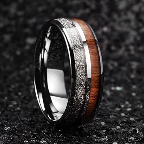 6MM 8MM 10MM Women's Or Men's Tungsten Carbide Wedding Matching Rings Domed With Wood and Inspired Meteorite Inlay