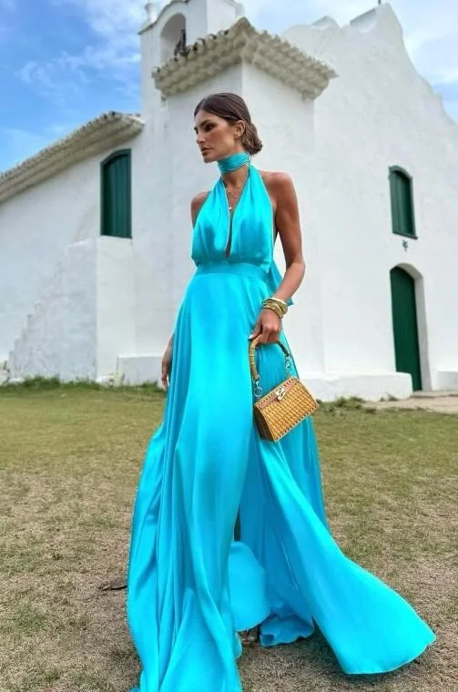 Miabel Simple Blue Satin Halter Sleeveless Long High Waist Prom Dress with Split 