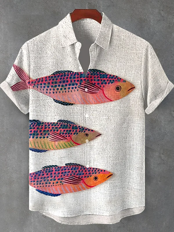Men's Retro Boho Fish 3D Relief Art Print Shirt