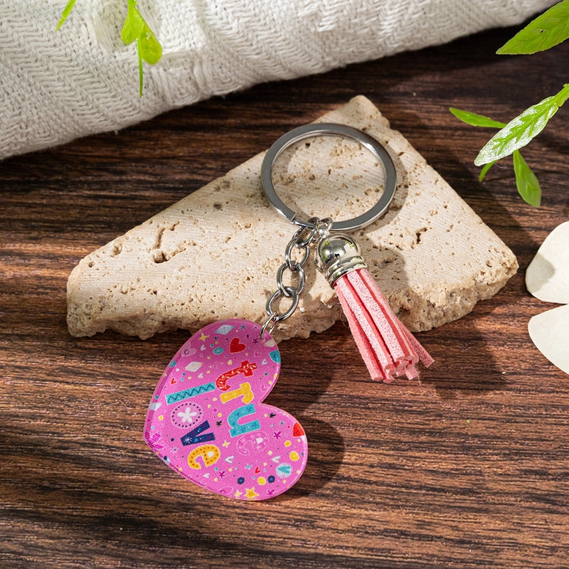 Cute Letter Heart Shape Arylic Tassel Keychain