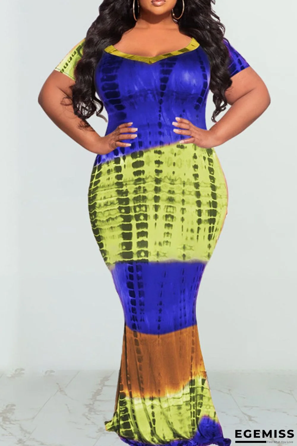 Colorful Blue Casual Print Patchwork V Neck Straight Plus Size Dresses | EGEMISS