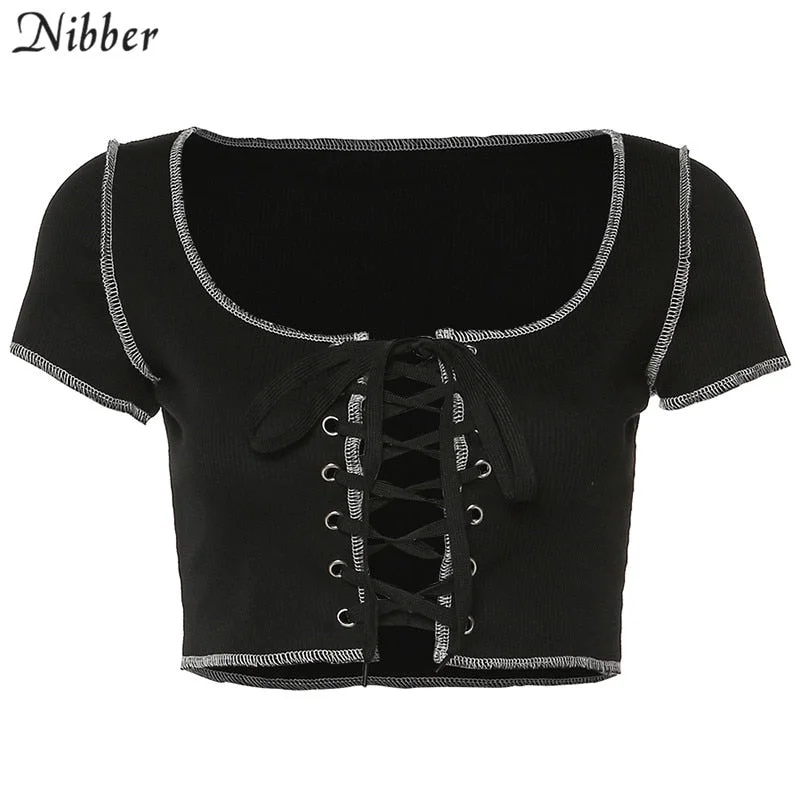 Nibber harajuku punk black hollow out lace up tees crop top woman summer casual bodycon sexy low chest party streetwear t-shirt