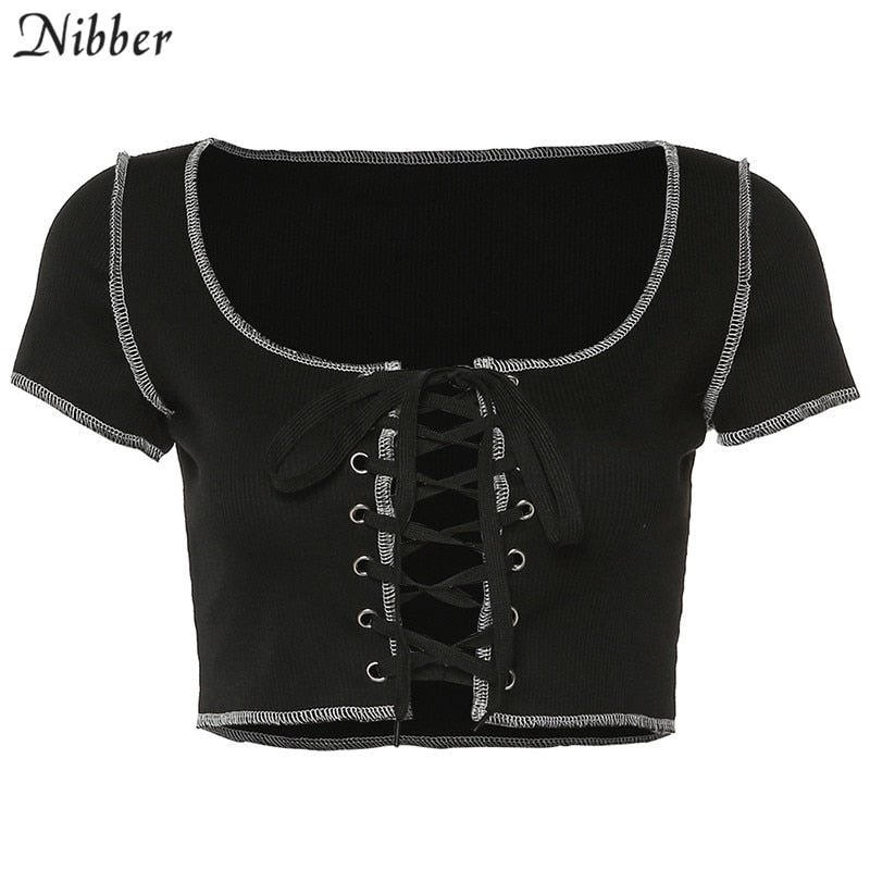 Nibber harajuku punk black hollow out lace up tees crop top woman summer casual bodycon sexy low chest party streetwear t-shirt