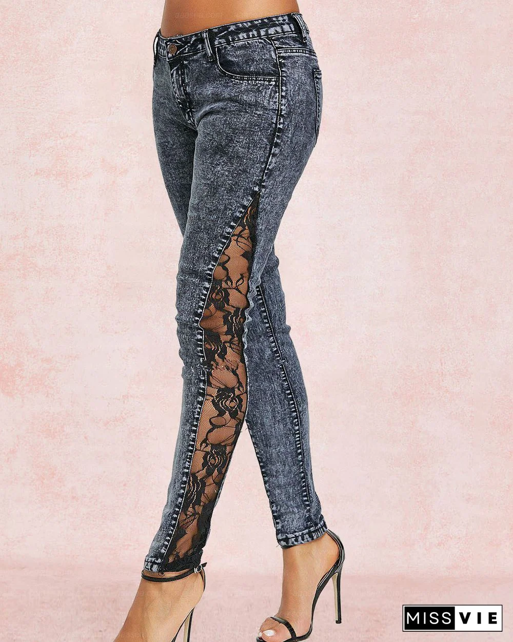 Stylish, Elegant, Slim, Versatile, Personalized Slit Lace Jeans