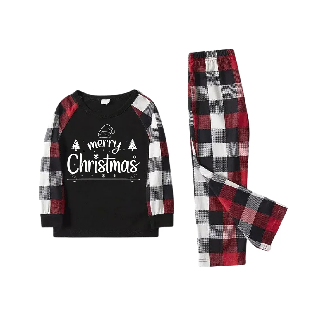 "Merry Christmas" Text Prints Red & Black & Grey & White Plaid Couple Matching Pajamas
