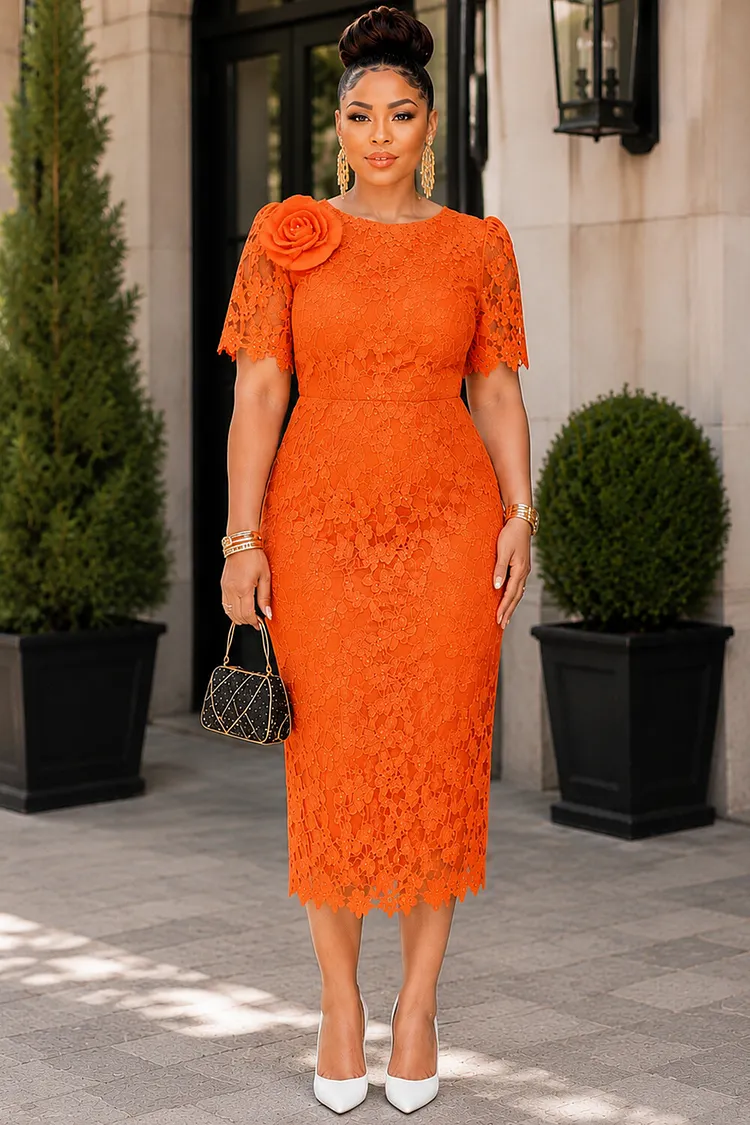 Xpluswear Design Plus Size Wedding Guest Orange Round Neck Short Sleeve 3D Bodycon Lace Midi Dresses [Pre-Order] 2024 - Xpluswear