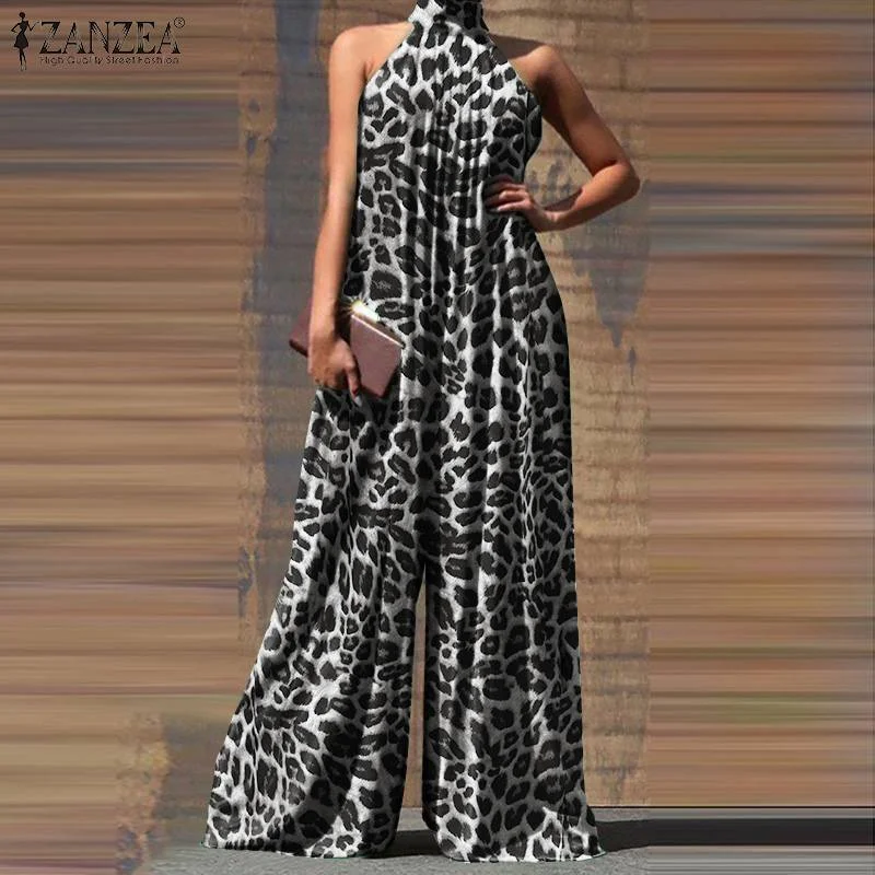 Women Party Sleeveless Jumpsuits ZANZEA Leopard Printed Maxi Romper 2022 Summer Wide Leg Playsuit Fashion Casual Holiday Overall