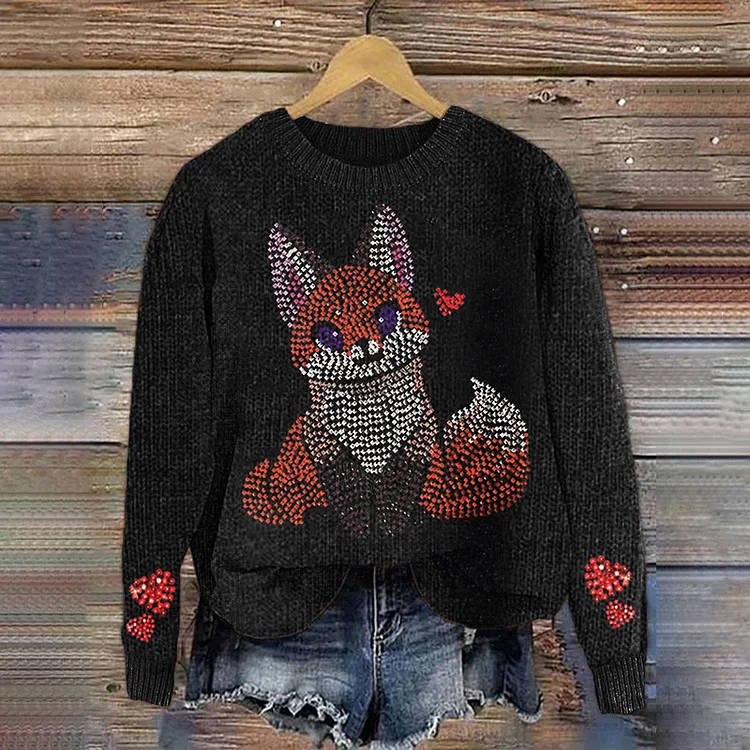 Women's Funny Fox Sequin Print Knitted Sweater