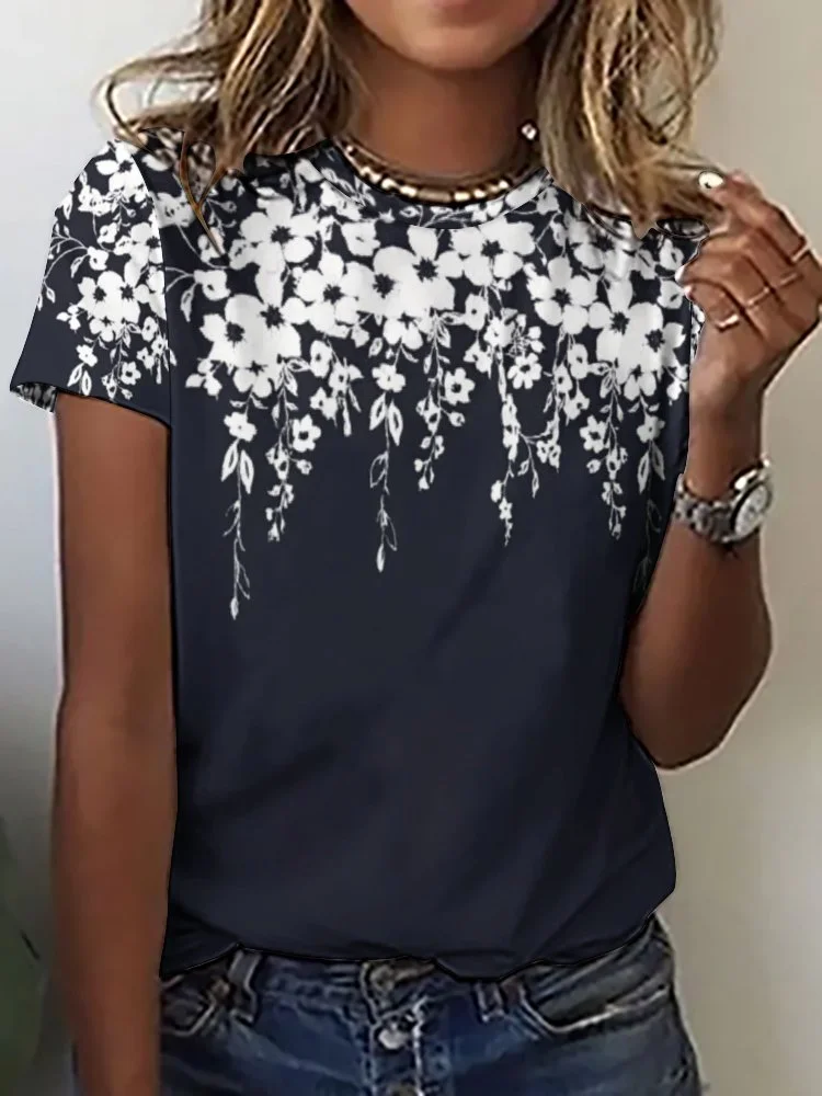 Printed Short Sleeve Casual T-shirt for  Women and Men Unisex Pattern Black, Floral, White